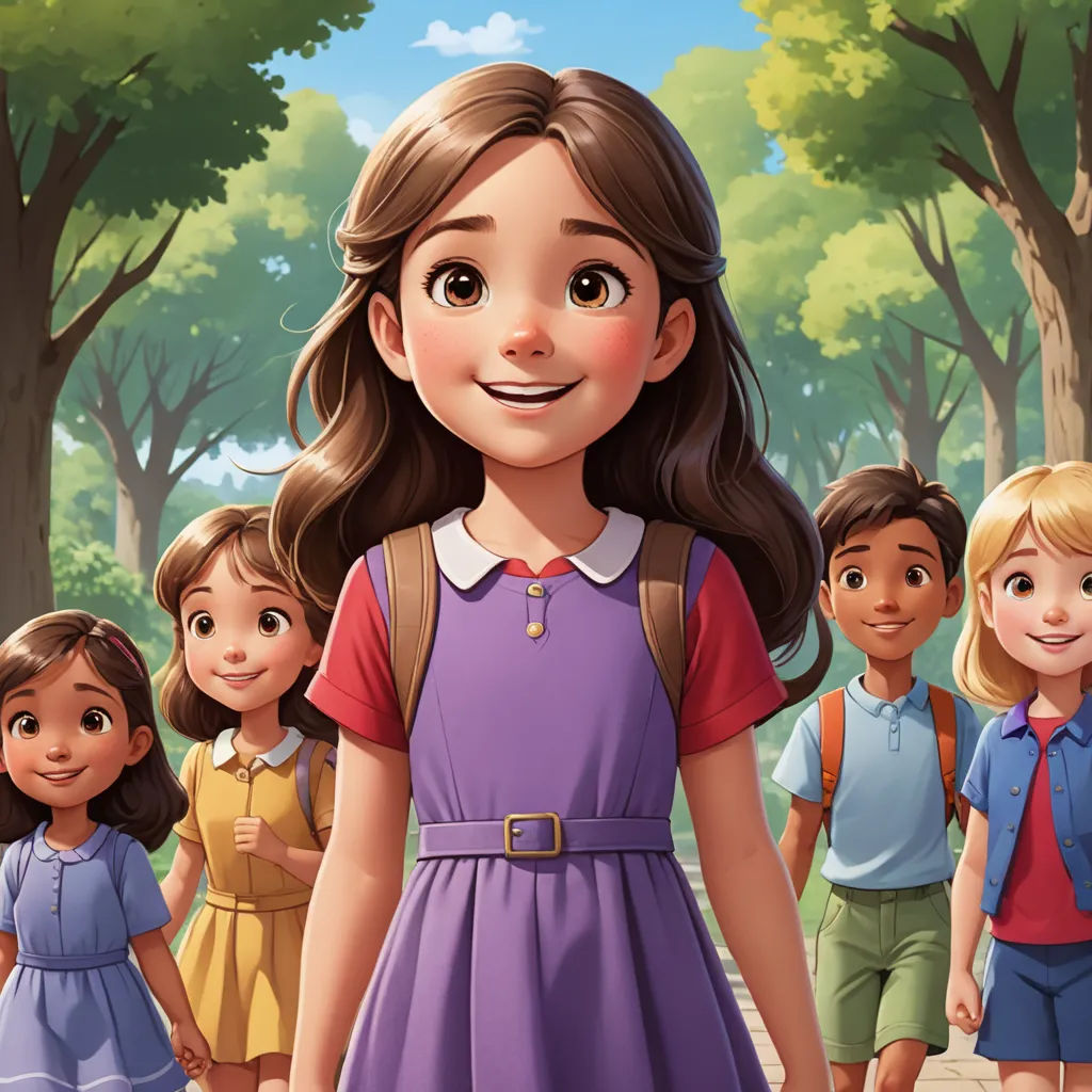 a cartoon of a girl standing in front of a group of children in a park with trees and a bench, paris school, a storybook illustration, disney, promotional image