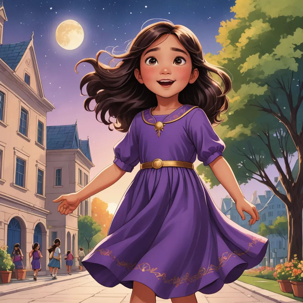 a little girl in a purple dress is walking down the street with a full moon in the background and a tree in the foreground, paris school, a storybook illustration, Cliff Childs, kinkade