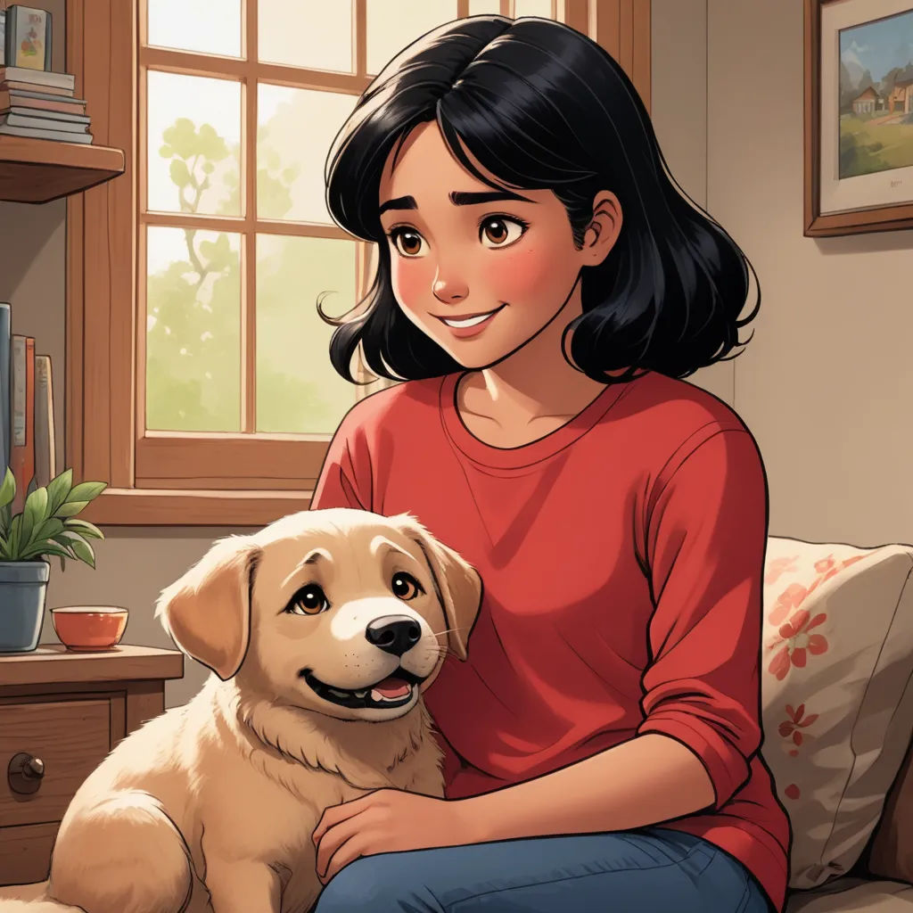 a woman sitting on a couch with a dog in her lap and a potted plant in the corner, furry art, a comic book panel, Eileen Aldridge, official art
