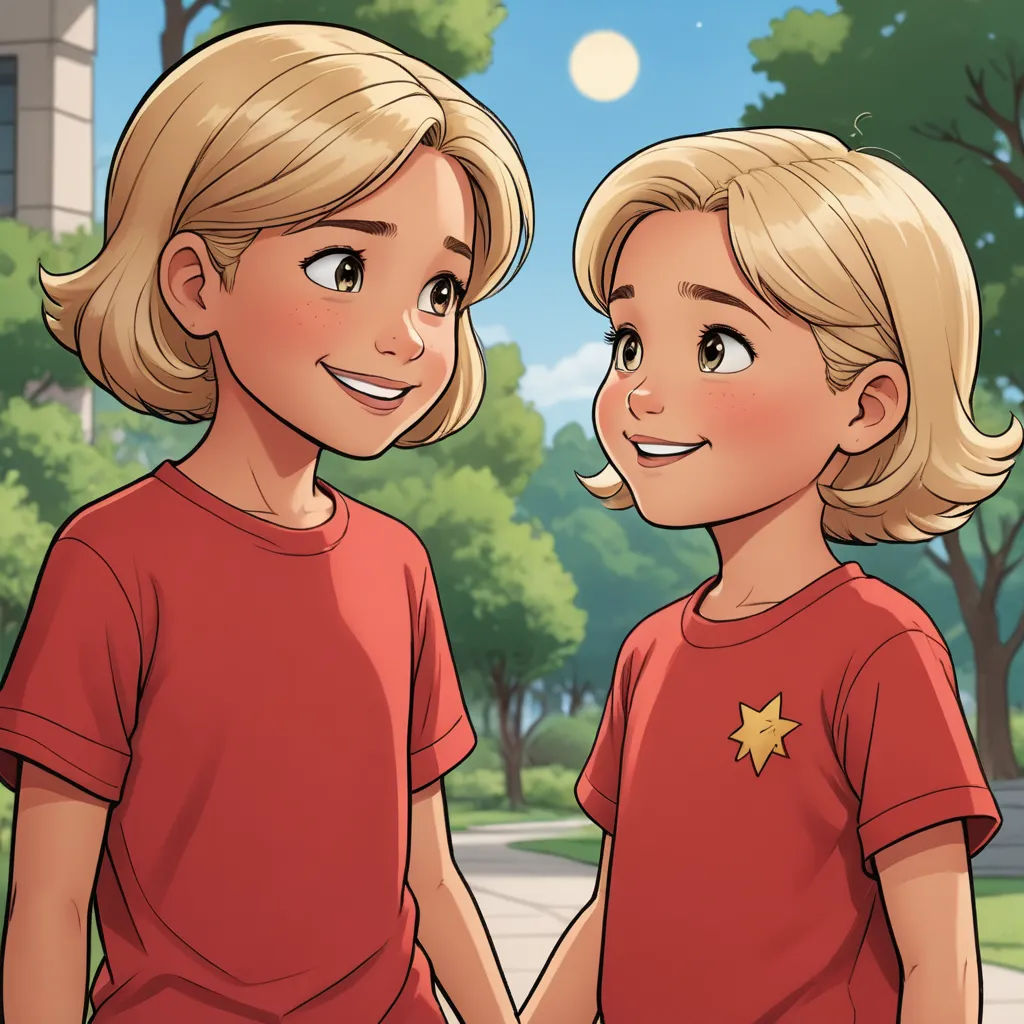 two cartoon girls standing next to each other in a park with trees and a building in the background and a moon in the sky, furry art, a storybook illustration, Felix-Kelly, official art