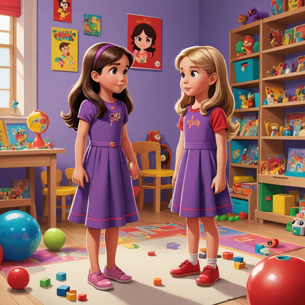 a couple of girls standing in a room with toys on the floor and a table with a ball on it, photorealism, a storybook illustration, Ada Gladys Killins, official art