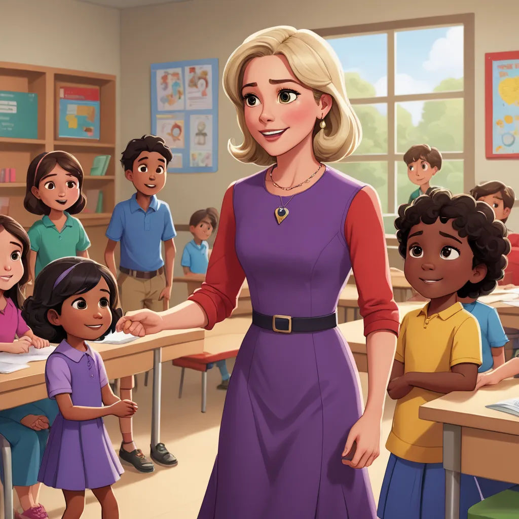 a woman in a purple dress standing in front of a classroom full of children and a teacher in a red shirt, american scene painting, a storybook illustration, Bourgeois, official art