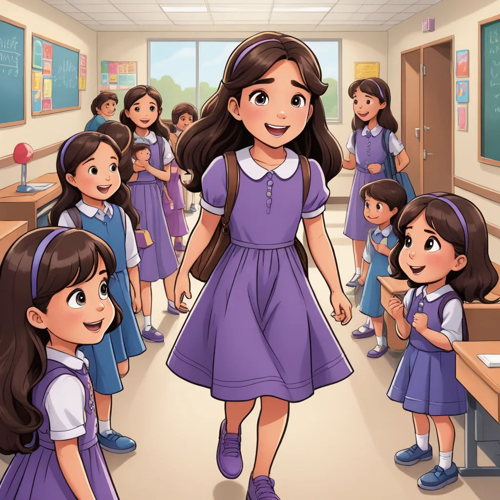a girl in a purple dress is walking through a classroom with other children in the background and a chalkboard, danube school, a storybook illustration, Ella Guru, official art