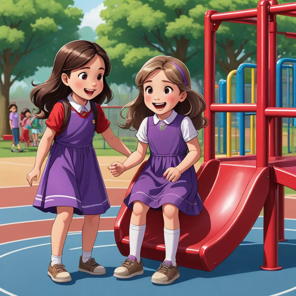 two girls in purple dresses standing next to a playground slide and a red slide with a red slide in the background, danube school, a storybook illustration, Anthony Devas, official art