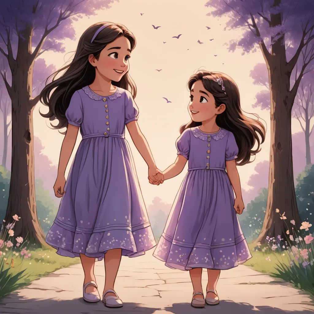 a couple of girls holding hands walking down a road next to trees and flowers on a sunny day with birds flying overhead, lyco art, a storybook illustration, Brothers Hildebrandt, rossdraws global illumination