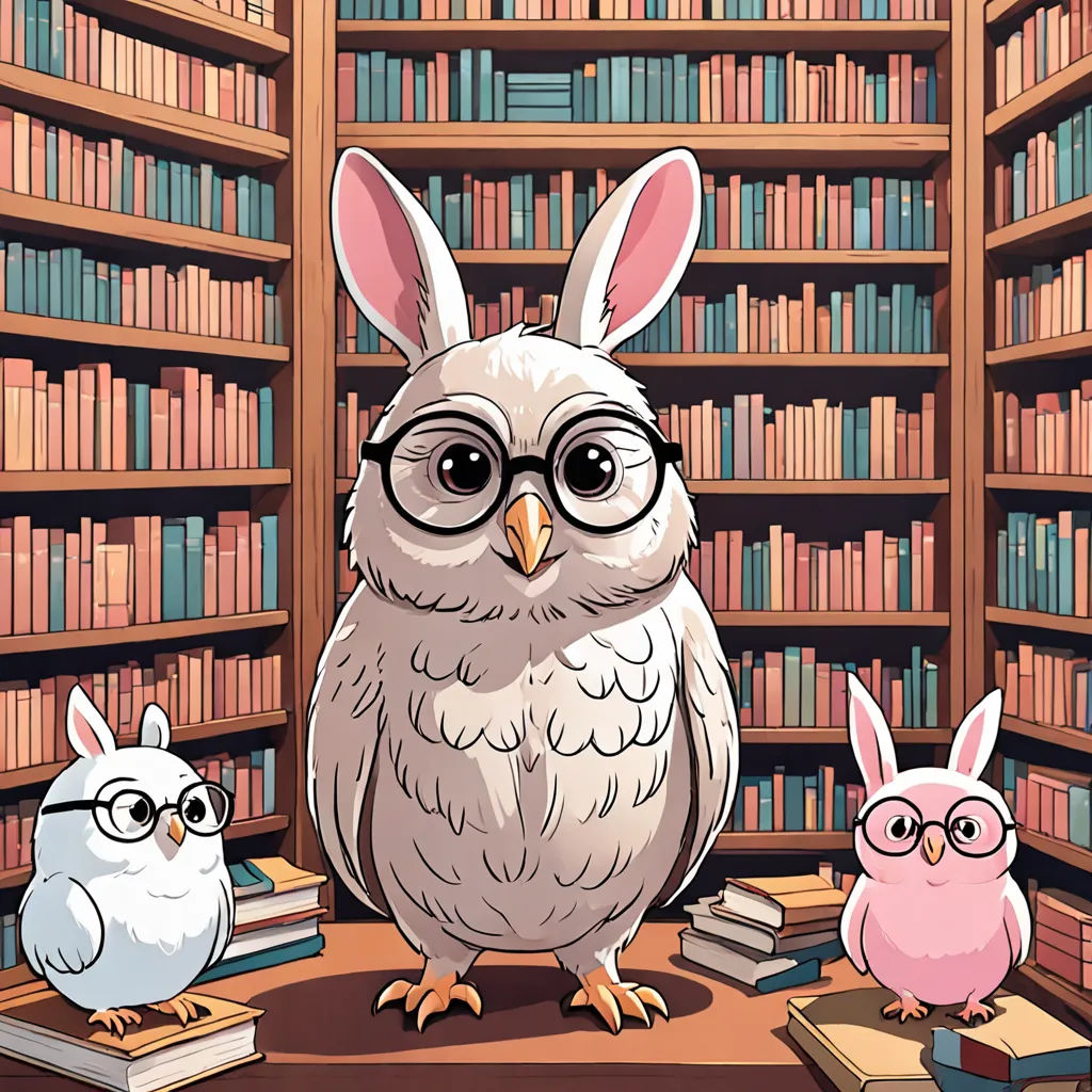 a cartoon of a bird and two owls in a library with bookshelves behind them and a bunny rabbit on the floor, academic art, a storybook illustration, Ada Gladys Killins, storybook illustration