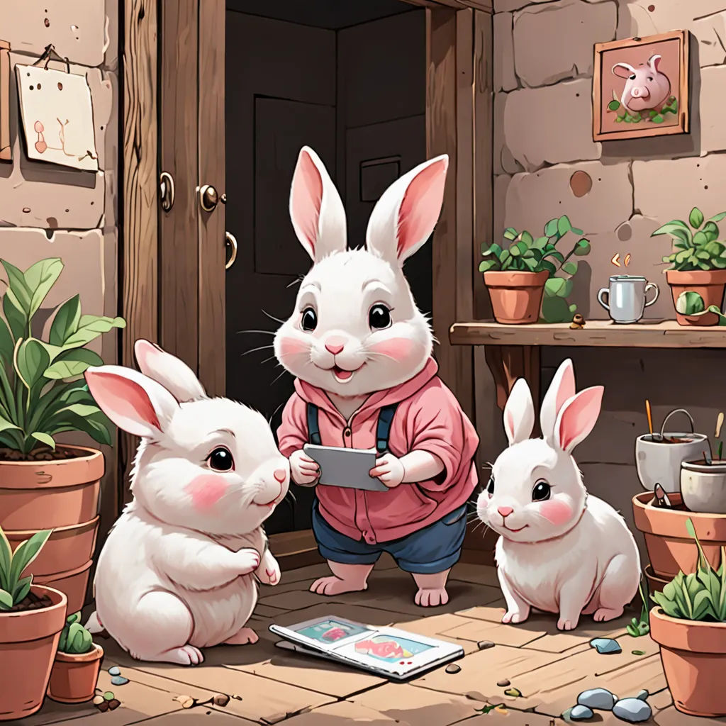 a couple of rabbits standing next to each other near a potted plant and a book on a table, furry art, a storybook illustration, Beatrix Potter, trending on art station