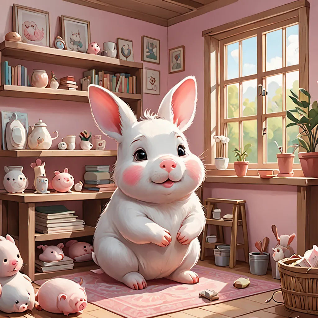 a cartoon bunny sitting on a rug in a room with other toys and a potted plant in the corner, furry art, a storybook illustration, Chris LaBrooy, trending on art station