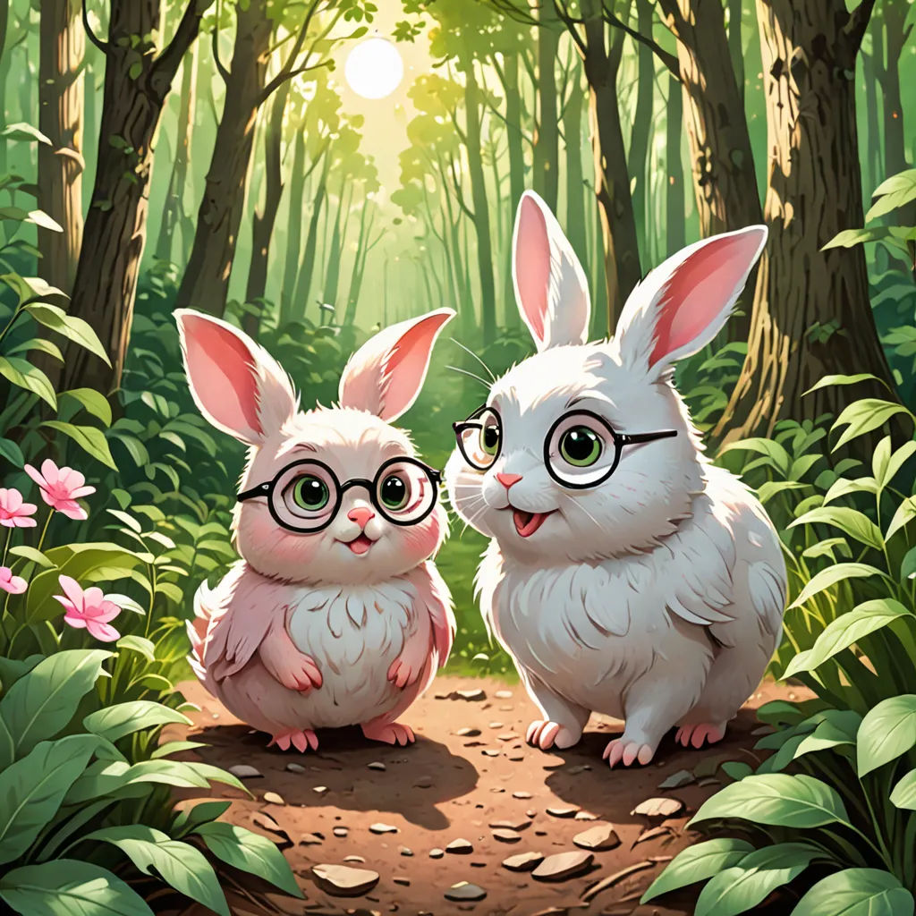 two white rabbits wearing glasses sitting in the woods together, with a forest background behind them, with pink flowers and green leaves, altermodern, a storybook illustration, Chris Rallis, magic the gathering artwork