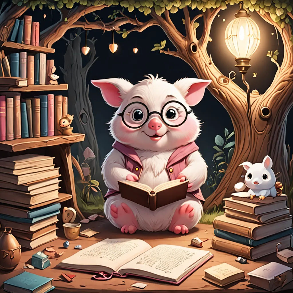 a cartoon pig is reading a book in a library with a mouse and a lamp in the background and a tree with books, fantasy art, a storybook illustration, Diego Gisbert Llorens, storybook illustration