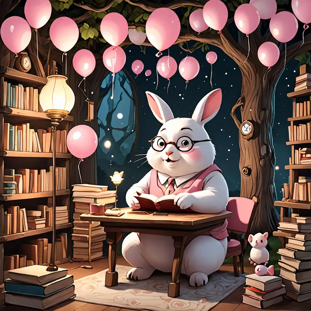 a rabbit is sitting at a table with a book in front of a tree with pink balloons floating from it, fantasy art, a storybook illustration, Chris LaBrooy, rossdraws global illumination