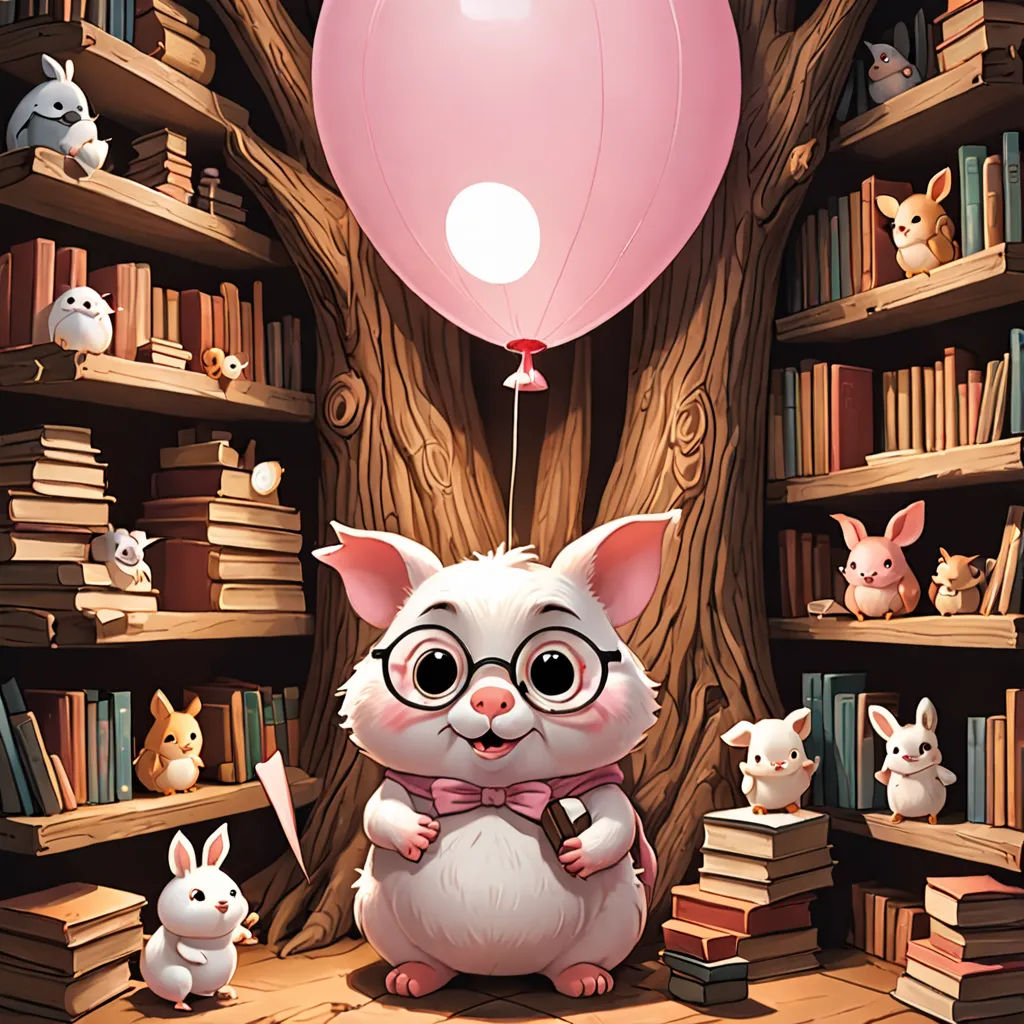 a cat with glasses and a bow tie is sitting in front of a bookcase with many books and a pink balloon, fantasy art, a storybook illustration, Diego Gisbert Llorens, storybook illustration