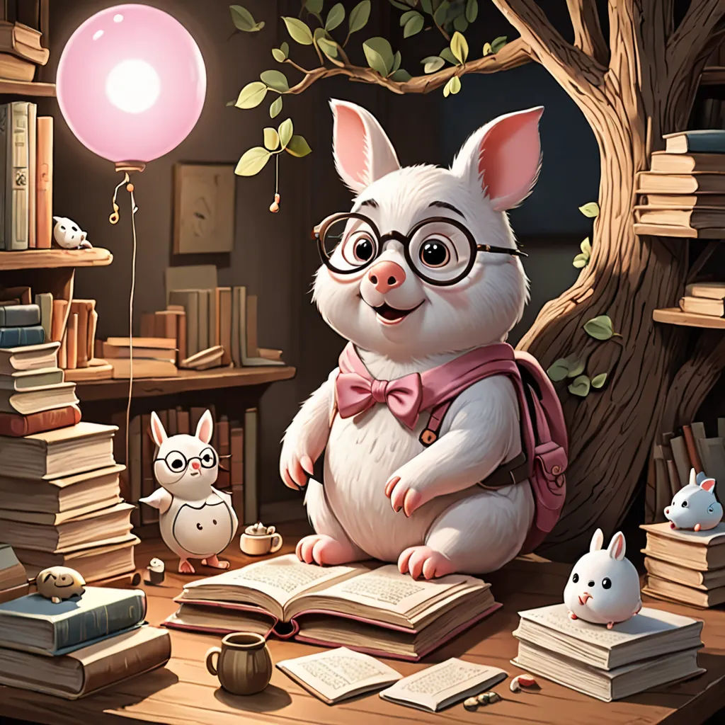 a cartoon bunny with glasses sitting on a table with books and a balloon in the background, with a tree and a book shelf with books, fantasy art, a storybook illustration, Diego Gisbert Llorens, storybook illustration