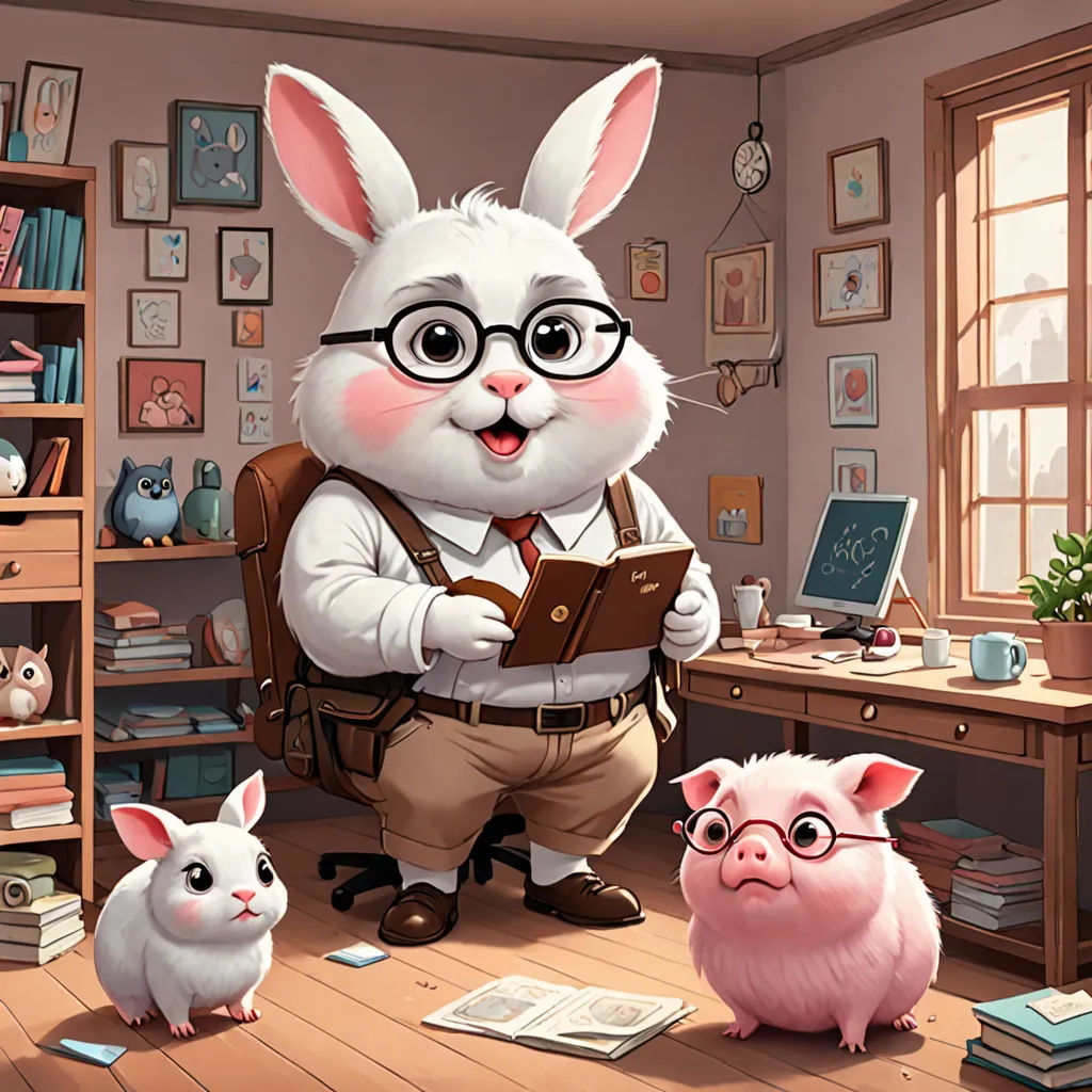 a cartoon bunny is reading a book while three other animals look on in the background and a man is standing in the foreground, furry art, a storybook illustration, Chris LaBrooy, trending on art station