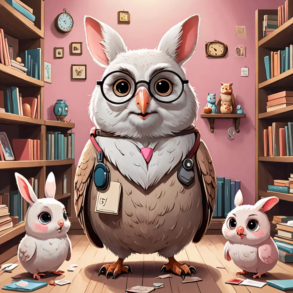 a cartoon of a bird with glasses and a backpack on standing between two rabbits in a library with bookshelves, fantasy art, a storybook illustration, Diego Gisbert Llorens, storybook illustration
