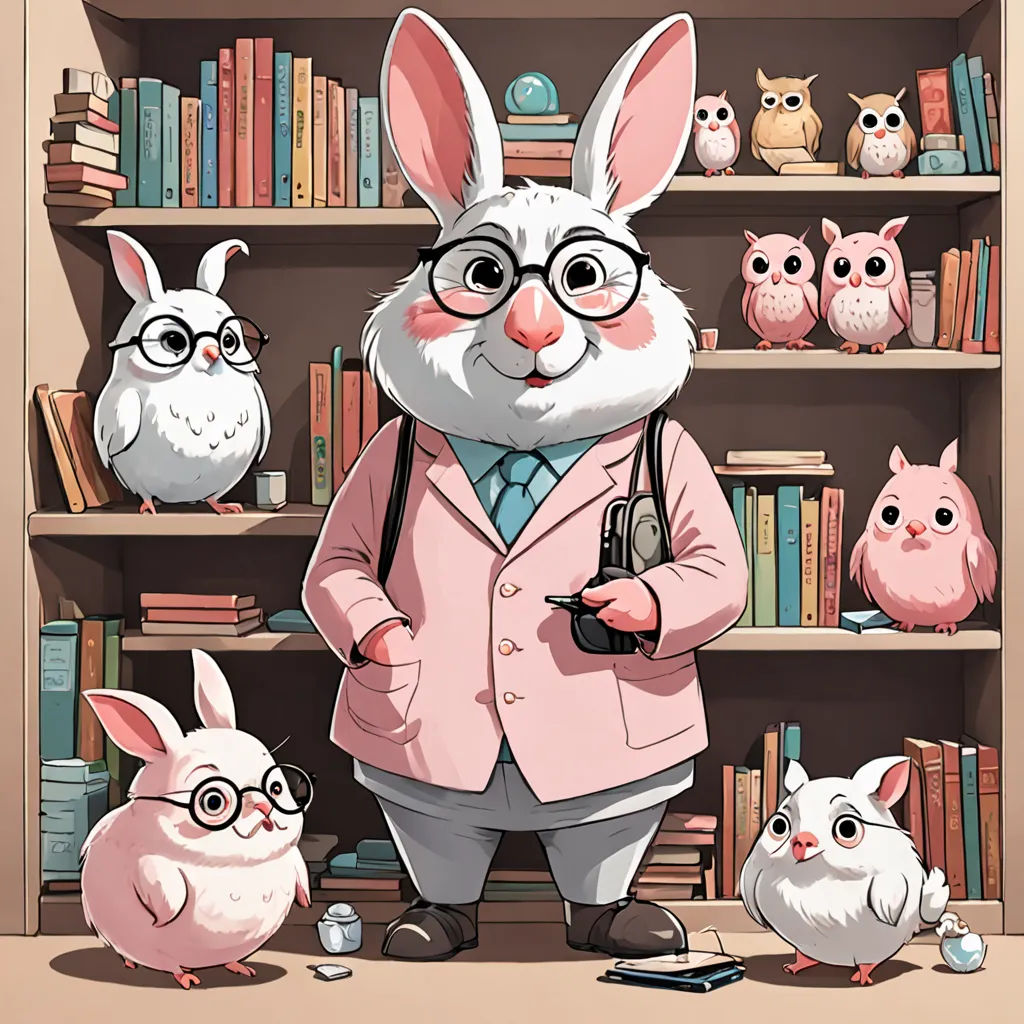 a cartoon bunny with glasses and a suit and some owls in front of him and a bookcase full of books, furry art, a storybook illustration, Diego Gisbert Llorens, rossdraws global illumination