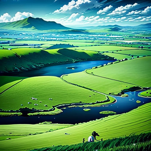a painting of a green landscape with a river running through it and a man standing on a hill in the distance