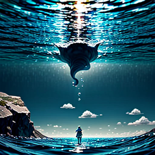 a man standing in the middle of a body of water under a blue sky with clouds and a giant fish