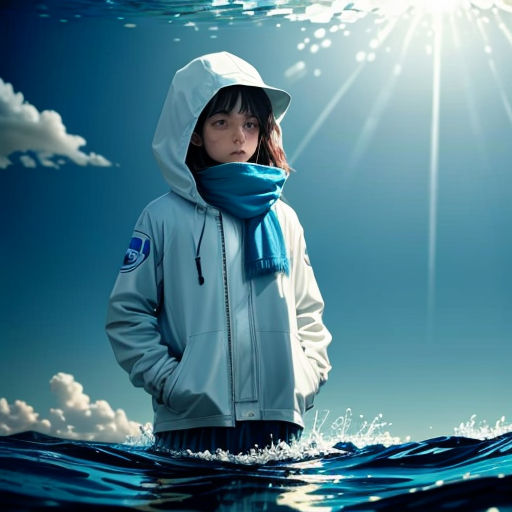 a woman standing in the water wearing a hoodie and a blue scarf over her head and a blue sky with clouds