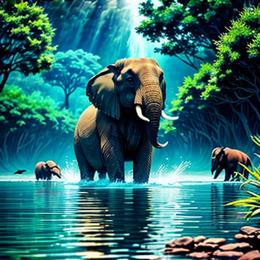 a painting of an elephant in the water with other elephants in the background and a waterfall in the background