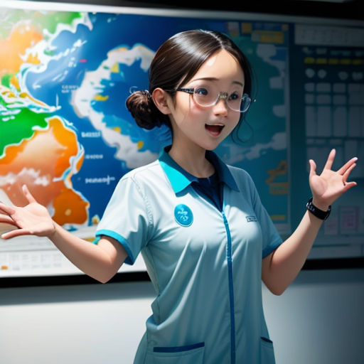a woman in a blue uniform is standing in front of a map of the world and holding her hands out