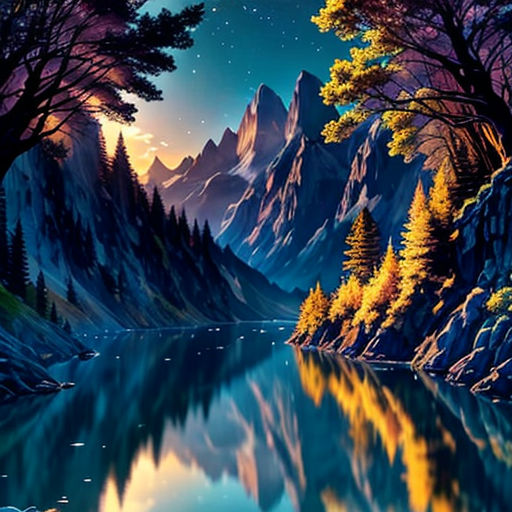 a painting of a mountain lake with trees and mountains in the background at night time with stars and moon