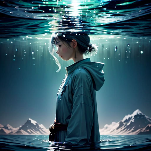 a woman standing in the water with a sky background and mountains in the background, with a bright light shining on the water