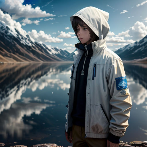 a man standing in front of a lake with mountains in the background and clouds in the sky above him