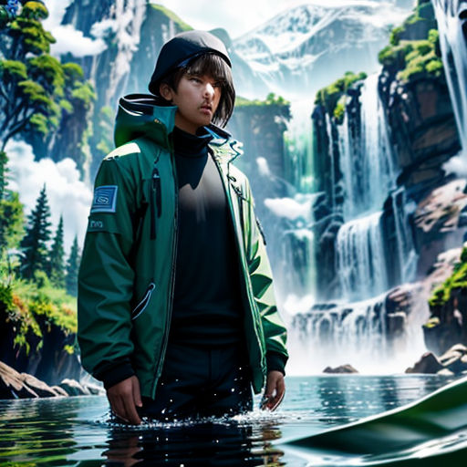 a man standing in the water in front of a waterfall with a waterfall in the background and a forest with a waterfall in the background