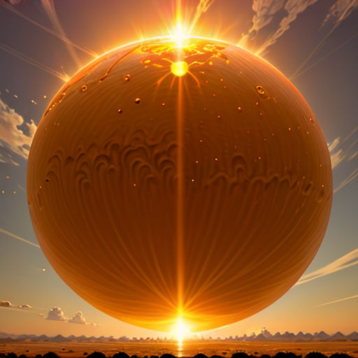 a large orange object with a sky background and clouds in the background with a sun shining through the center