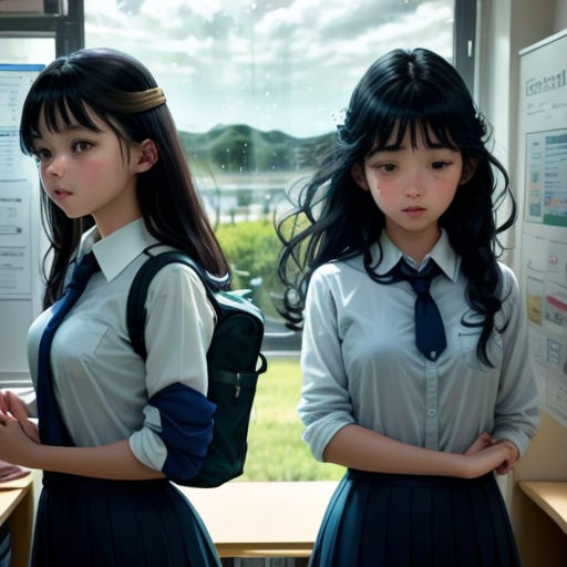 two girls in school uniforms standing in front of a poster board with a green field in the background and a grassy area behind them