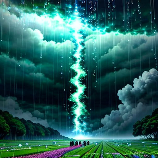a surreal scene with a green lightening from the sky and purple flowers in the foreground, and a green field with purple flowers in the foreground