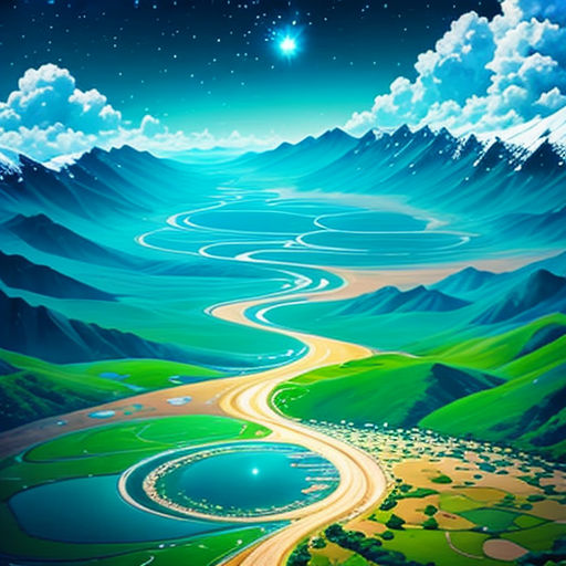 a painting of a road going through a valley with mountains and stars in the sky above it, with a bright blue sky and white clouds