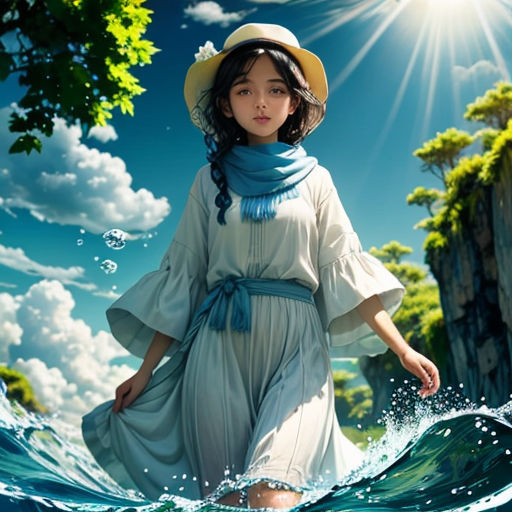 a girl in a dress and hat walking through the water with a sky background and sun shining over her