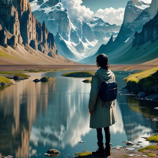 a person standing on a rocky shore looking at a mountain range and a lake with a backpack on it