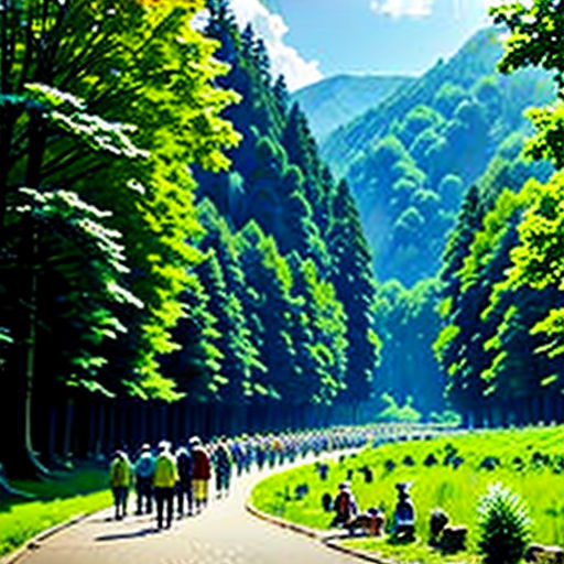 a painting of people walking down a road in the woods with mountains in the background and trees lining the road