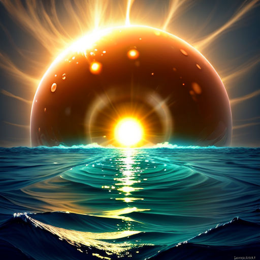 a painting of a sunset over the ocean with a sun in the sky and a wave in the water