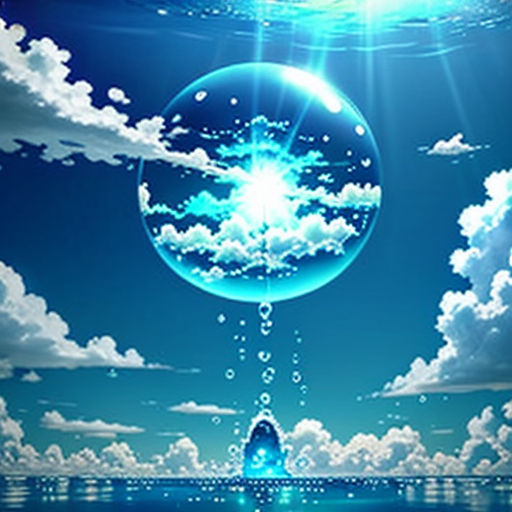 a blue sky with clouds and a large bubble floating in the water with a sun shining above it and a blue sky with clouds and a blue sky