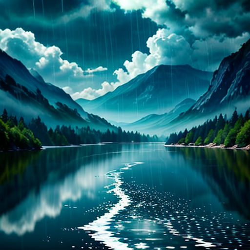 a painting of a mountain lake with a forest and clouds in the background and rain falling down on the water