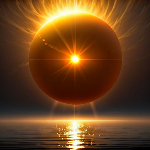 a bright sun shining over a body of water with a reflection of the sun in the water below it
