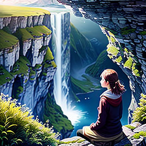 a girl sitting on a rock looking at a waterfall in the mountains with a waterfall in the background and a waterfall in the foreground
