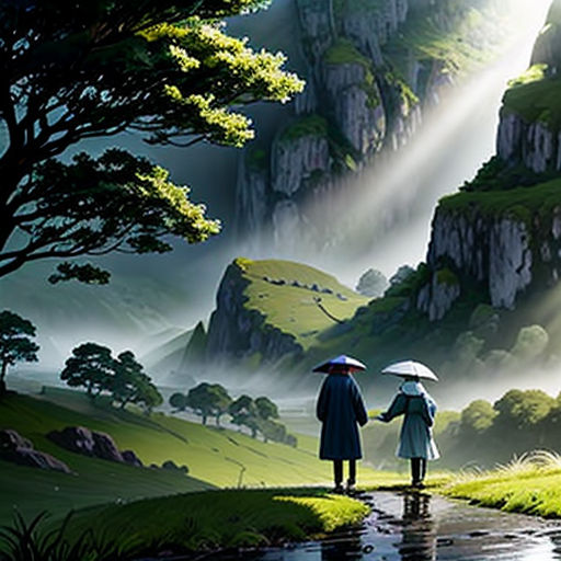 a couple holding hands while walking down a path in the woods with an umbrella over their heads, with a mountain in the background