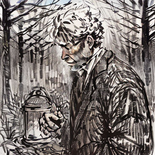 a drawing of a man holding a lantern in the snow with trees in the background and a sky in the background