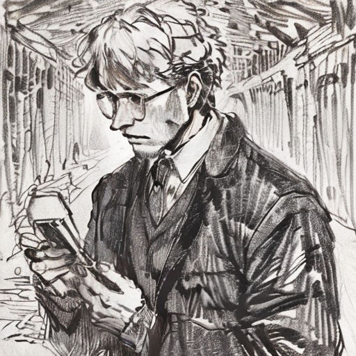 a drawing of a man in a suit looking at a cell phone while standing in front of a building