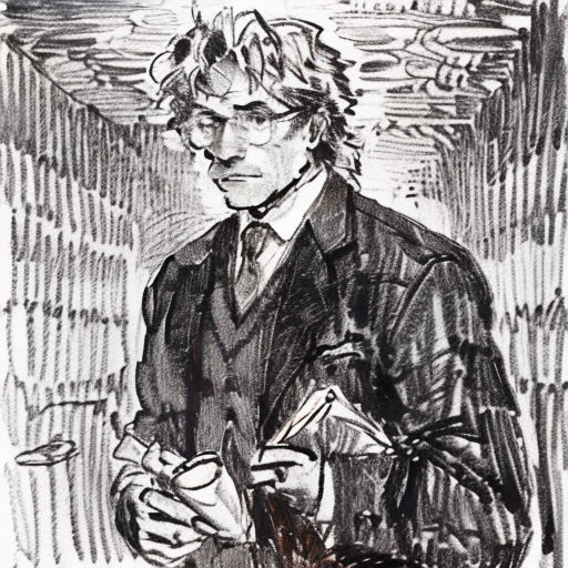 a drawing of a man in a suit and tie holding a cup and a cell phone in his hand