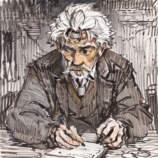 a drawing of a man sitting at a table writing on a piece of paper with a pen and paper clipping in his hand