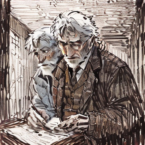 a drawing of two men sitting at a table with papers in their hands and one man looking at a book