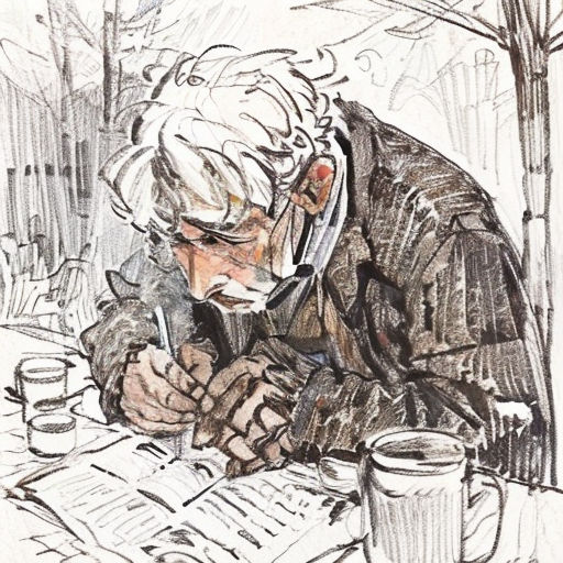 a man writing on a piece of paper while holding a pen and a cup of coffee in his hand