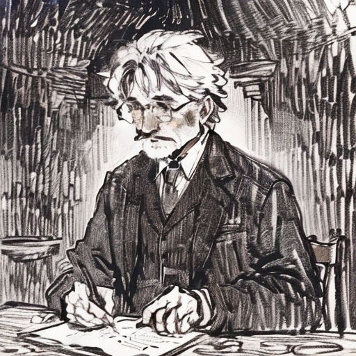 a drawing of a man sitting at a table with a book in his hand and a pen in his other hand