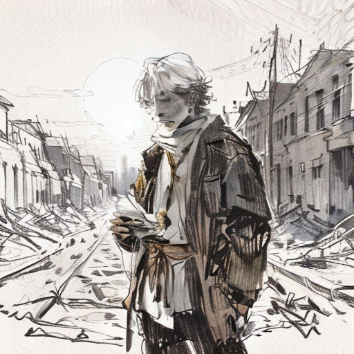 a drawing of a man standing in a street with a book in his hand and a building in the background